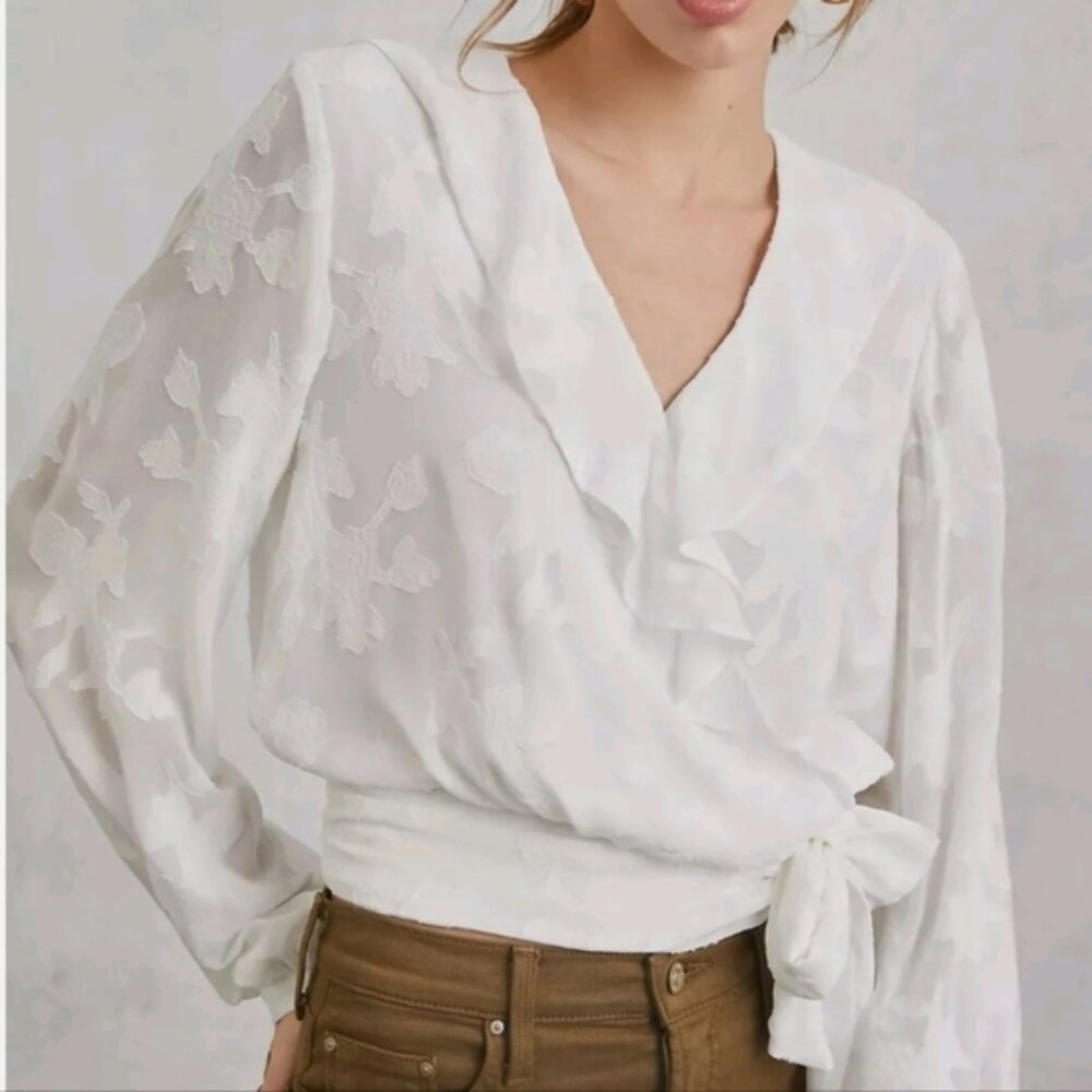 Anthropologie White Flowy Blouse  - MILENA BURNOUT VELVET WRAP BLOUSE - Petite